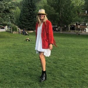 Red fringe suede leather coat / jacket - vintage oversized look